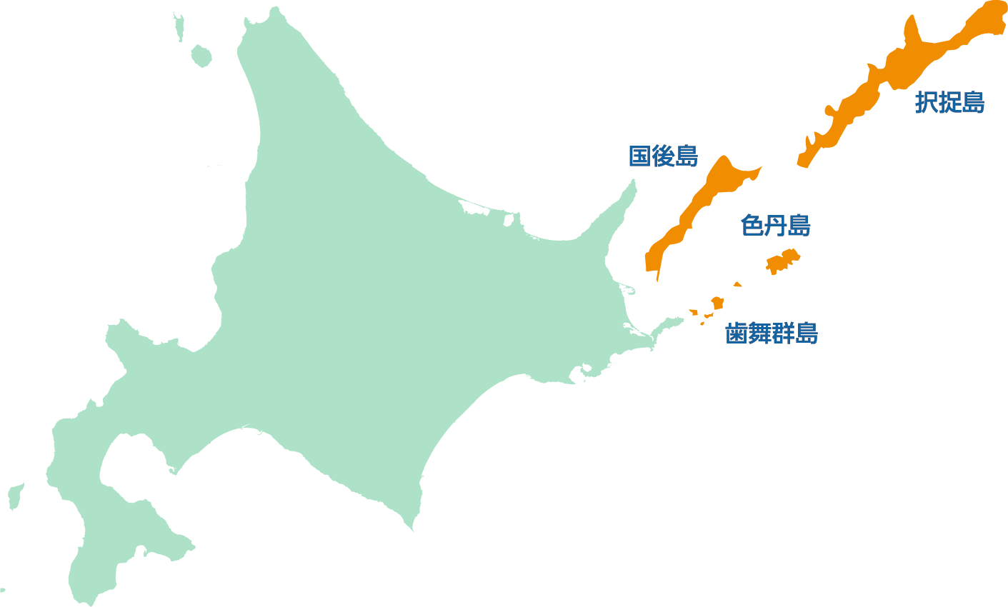 北海道と北方四島（国後島、択捉島、色丹島、歯舞群島）の地図のイラスト